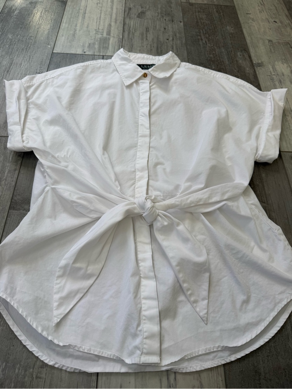 Lauren Ralph Lauren White Tie Front Blouse Large Cotton Poplin Button Up - Picture 9 of 13